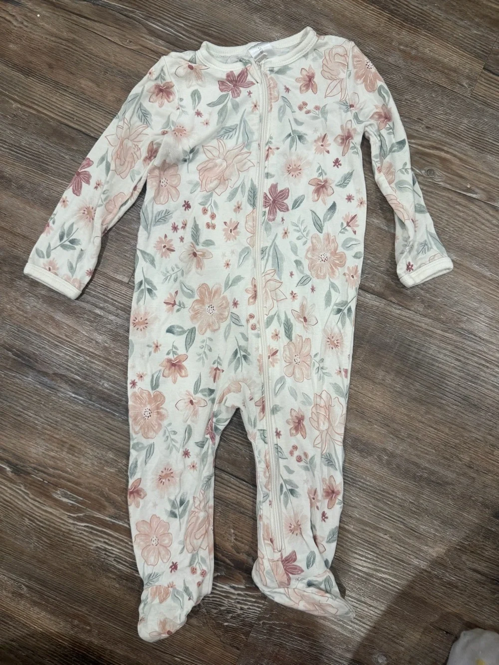 Cream Floral Zipper Footie One-Piece for Babies